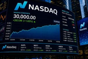 Nasdaq 100 Closes Above 30,000 for First Time as AI Rally Draws Dot-Com Comparisons