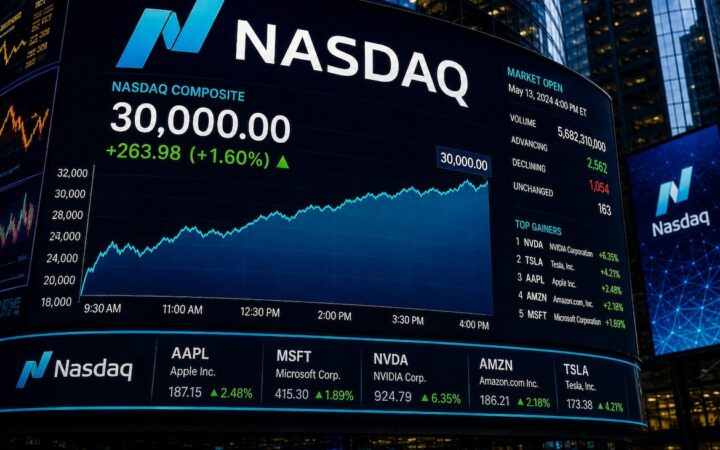 Nasdaq 100 Closes Above 30,000 for First Time as AI Rally Draws Dot-Com Comparisons